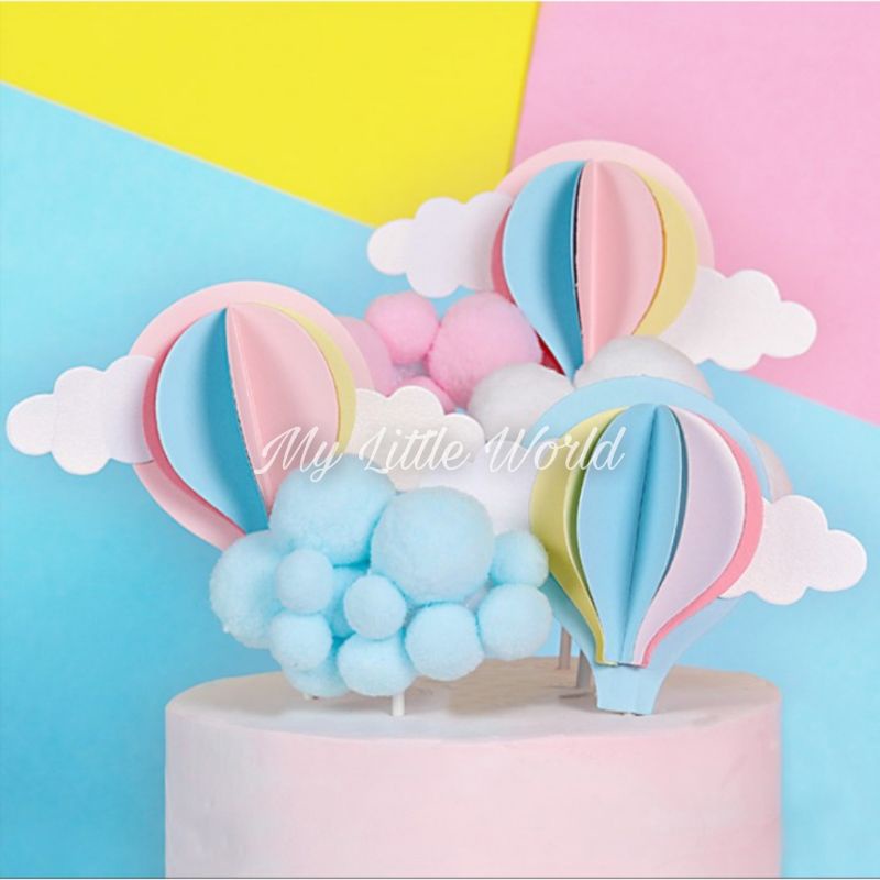 Topper Balon Udara Cute Pastel Macaron Awan 3D Colorful Hot Air Balloon Tusukan Hiasan Kue Ulang Tah