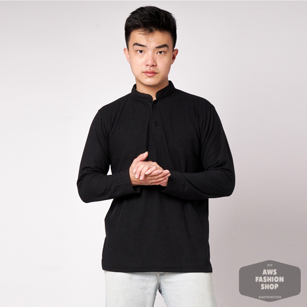 819 Kaos Polo Pria Polo Shirt Kerah Shanghai Lengan Panjang Warna Hitam Black Casual Tersedia Ready Sampai Size JUMBO BIG SIZE XXL XXXL