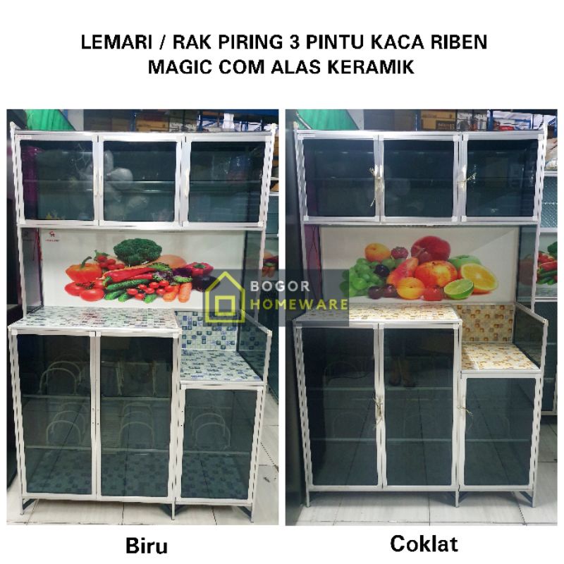 (KHUSUS BOGOR) RAK PIRING / LEMARI PIRING KACA RIBEN 3 PINTU MAGIC COM ALAS KERAMIK