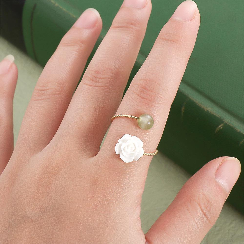 Needway  Hetian Jade Cincin Elegan Perhiasan Emas Bunga Mawar Putih Camelia Wanita Jari Cincin Gaya Cina Cincin