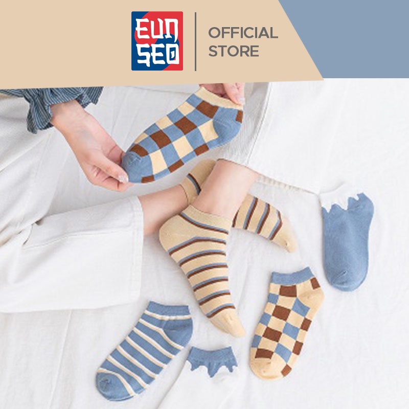 EUNSEO Kaos Kaki Pendek Wanita Motif Catur Kaoskaki Ankle Cute Fashion Korea Premium