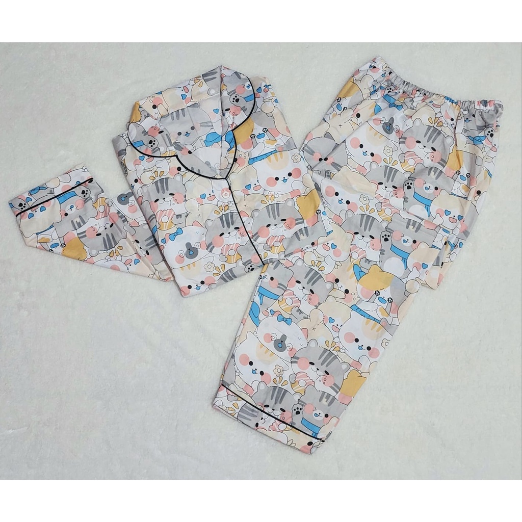 piyama baju tidur dewasa motif kucing part 1 setelan pajamas cewek wanita lengan pendek lengan panjang celana panjang