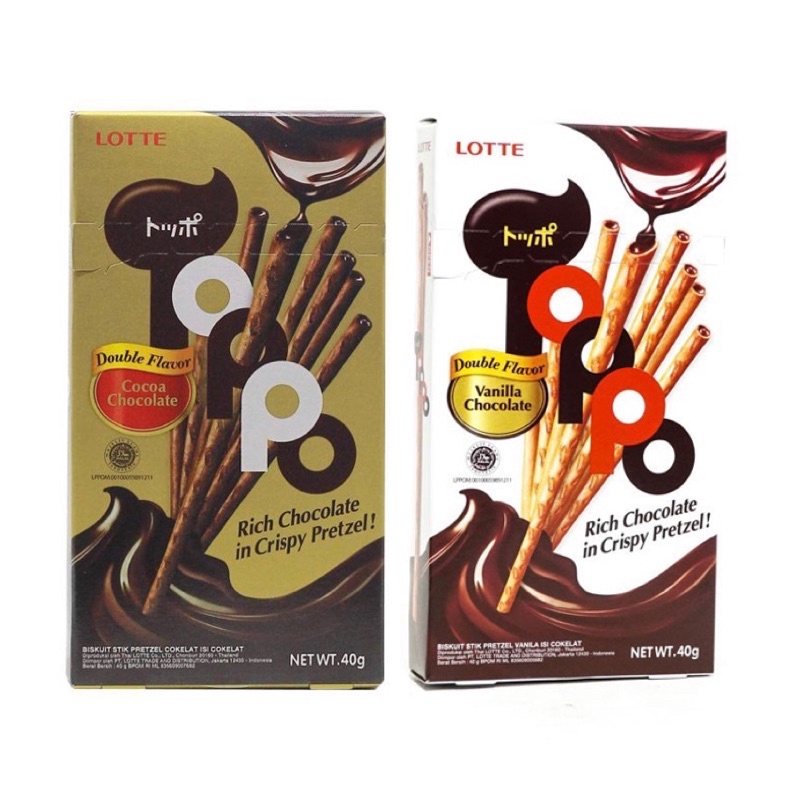 

Toppo / Lotte / Crispy / Pretzel / Double / Flavor / Vanilla / Chocolate / Box 40gr / Cocoa / Biskuit / Stik / cokelat / isi / coklat / vanila / choco / biscuits