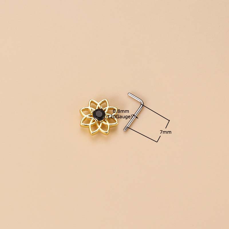 1pc Anting Tindik Hidung Bentuk L Desain Snowflake 20Gauge Bahan Stainless Steel Hias Zircon Hitam