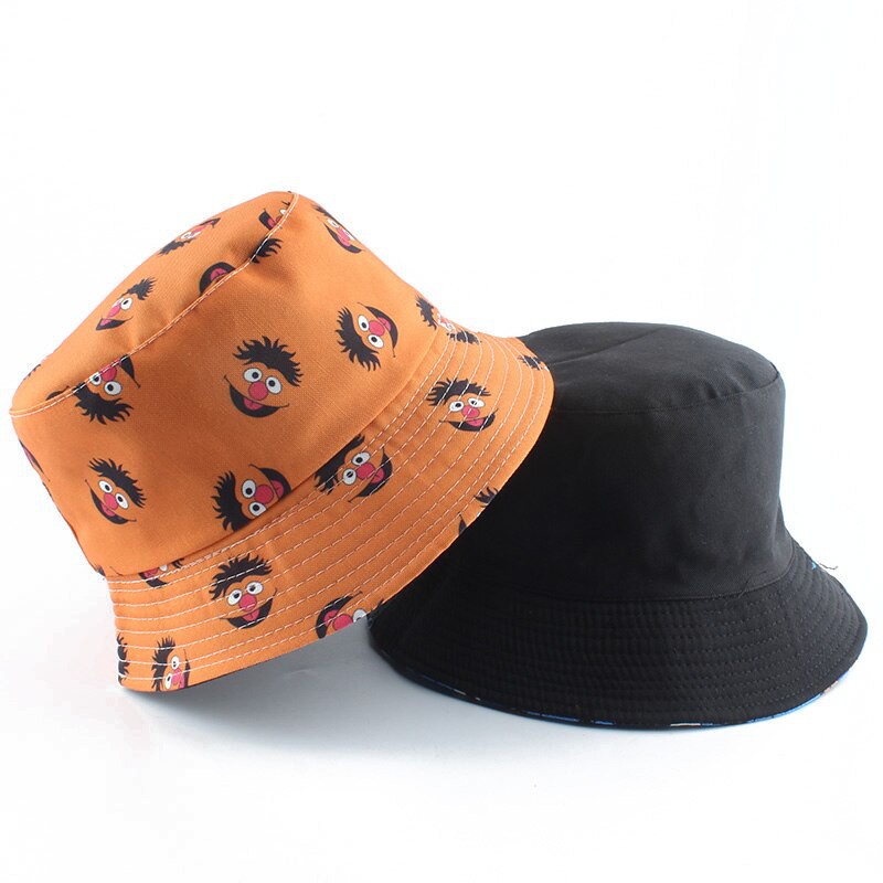 Topi bucket Model Dua Sisi Motif print Sesame Street Gaya retro Untuk Pria Dan Wanita