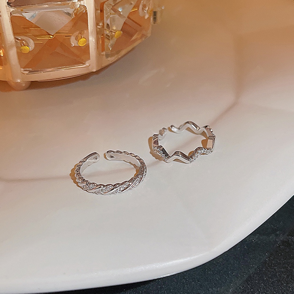 2 In 1 Set Cincin Sterling Silver S925 Bentuk Gelombang Hias Zircon Ukuran Resizable Untuk Wanita