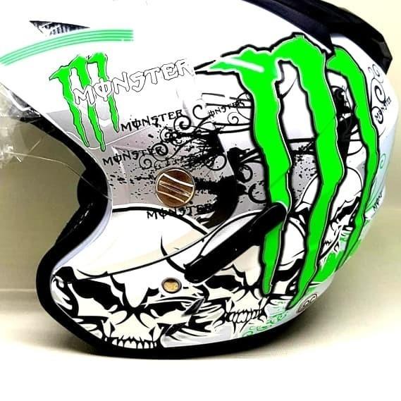 Helm Helmet Helem double visor BXP motif monster Putih Hijau