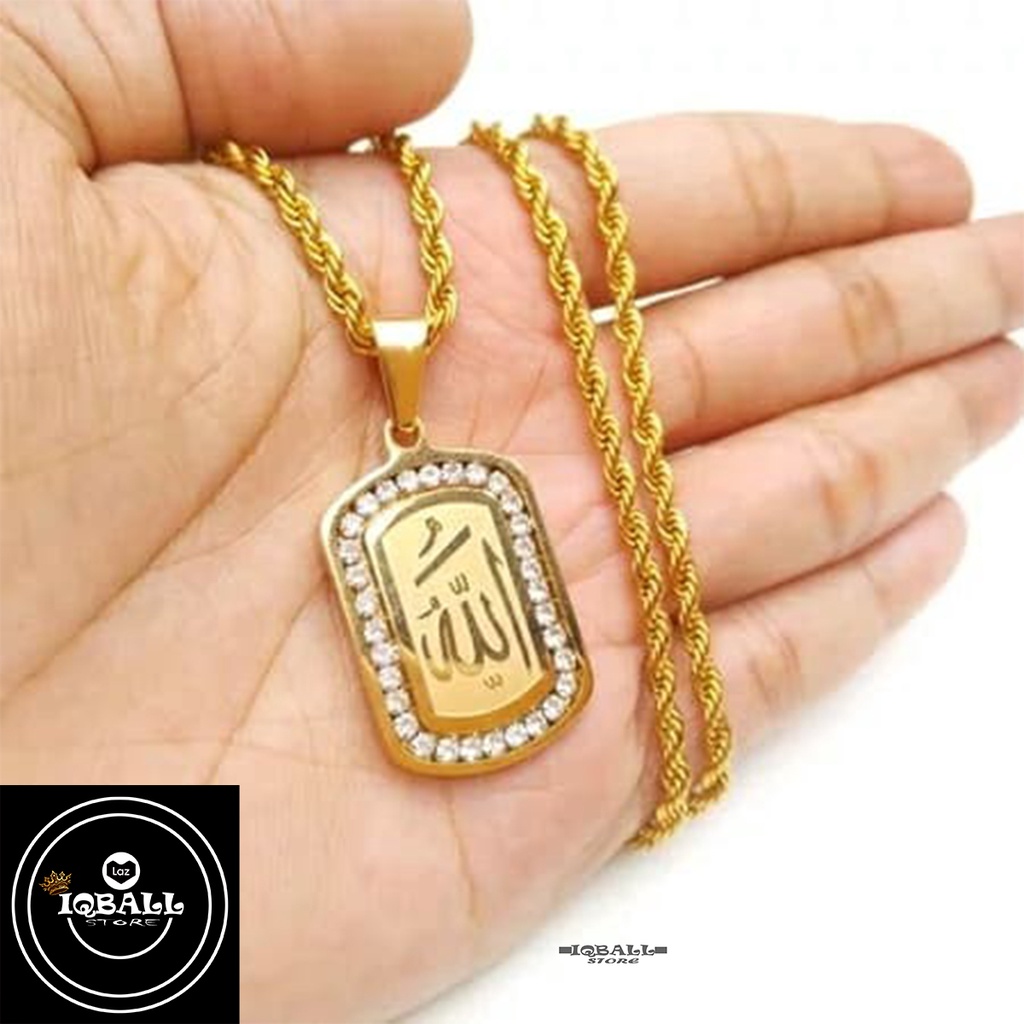 Kalung Titanium Anti Karat - Kalung Titanium Gold Liontin Lafadz ALLAH SWT. Kaligrafi Berlian / Kalu
