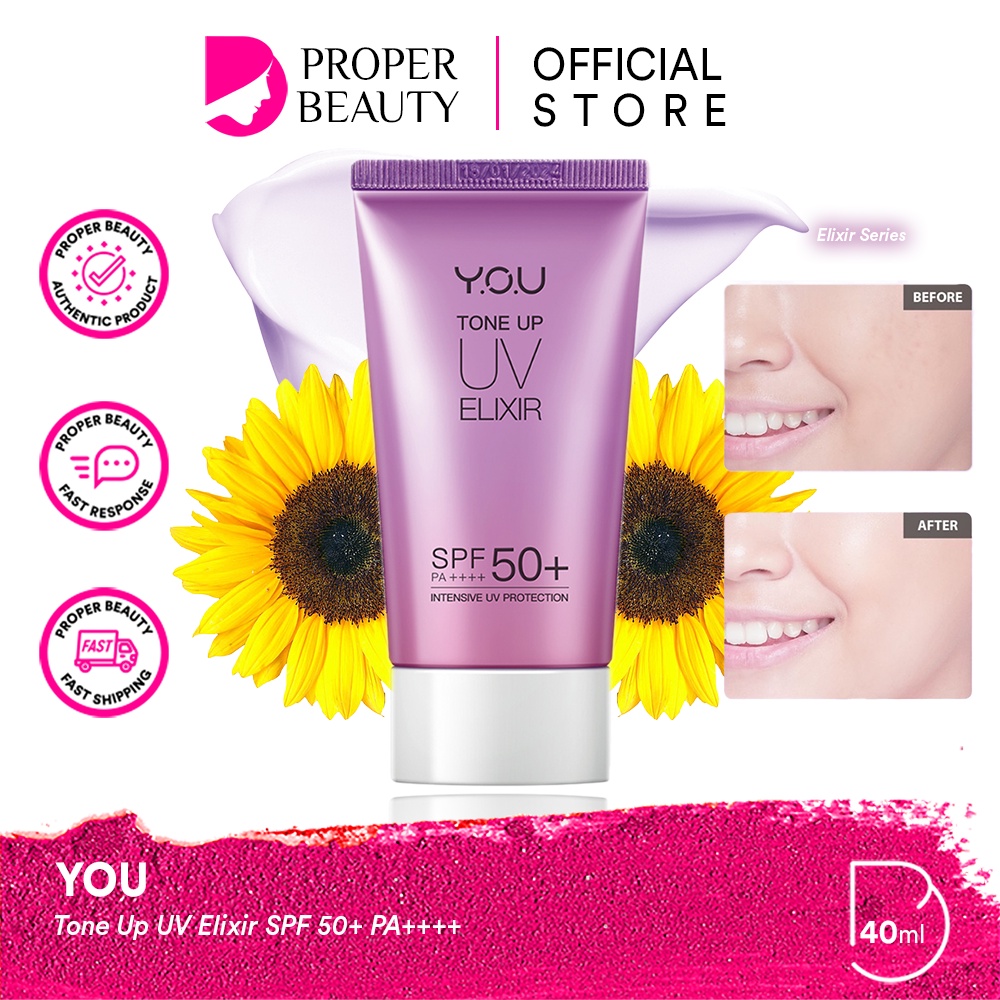 YOU Tone Up UV Elixir SPF 50+ PA++++ Indonesia / Sunblock Wajah 40ml / Intensive UV Protection / Brightening / UVA UVB Blue Light / SunCare Sun Care Sunscreen Tabir Surya Sunblok / Pelindung Sinar Matahari / Skincare Face / Triple / Y.O.U Series Paket