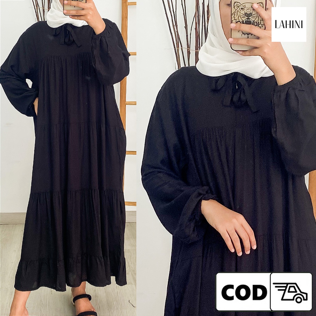 Home Dress Rayon Lengan Panjang Midi Dress Muslim Busui Friendly Premium Kekinian Warna Polos Hitam