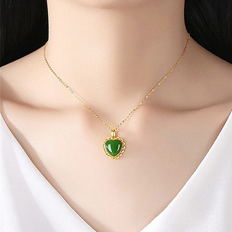 Fancyqube Kalung Liontin Giok Hetian Bentuk Hati Lapis Emas Untuk Wanita