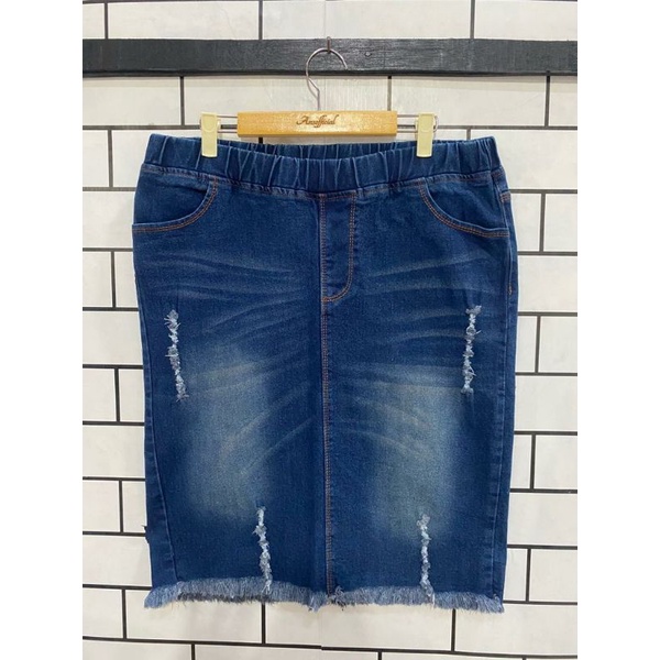 ROK MINI JEANS WANITA JUMBO ROK PENDEK JEANS RUMBAI MELAR PINGGANG KARET STRETCH