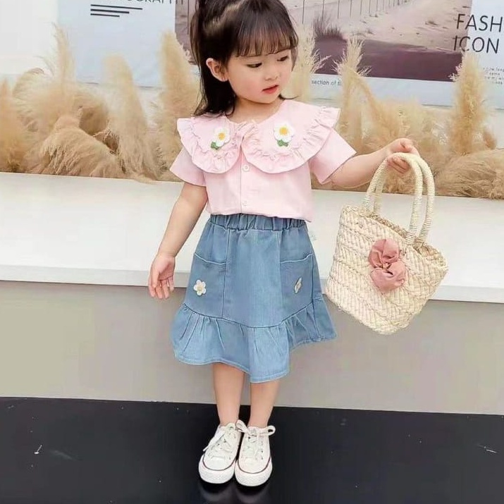 Rok Anak 7-9 tahun Pocket Emblem Ruffle | Rok Anak Perempuan Bahan jeans | Korean Style Outfit Kekinian