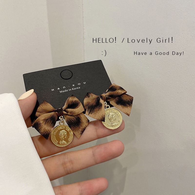 Suhao S925 jarum perak leopard print busur potret anting bulat, Wanita 2022 baru trendi bersih merah temperamen, Anting unik