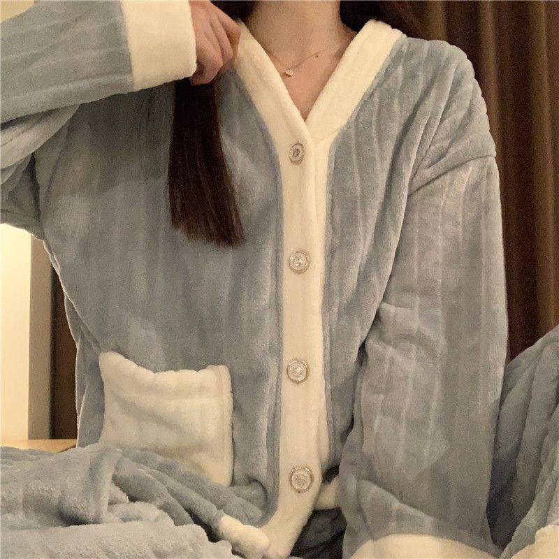 Suhao s new ins coral fleece pajamas women s autumn and winter plus beludru tebal flanel home service suit bisa dipakai di luar di musim dingin