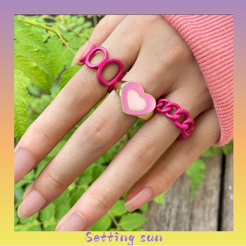 3PCS Heart Geometry Rings Cincin Geometri Jantung Cincin Mode Menetes Minyak yang Dapat Disesuaikan untuk Aksesoris Perhiasan Wanita TN