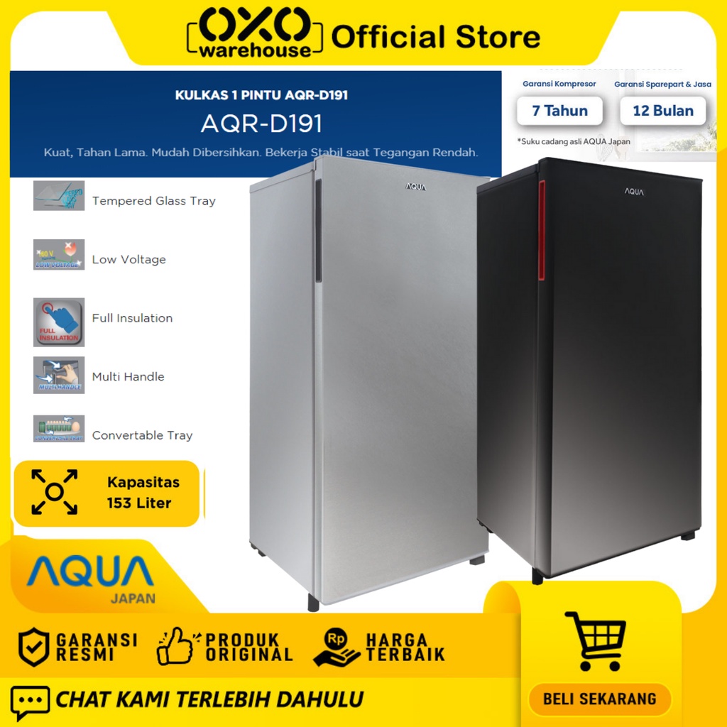AQUA Japan  Kulkas AQR-D191 DS/LS  Lemari Es 1 Pintu 153 Liter  Low Watt Garansi Resmi