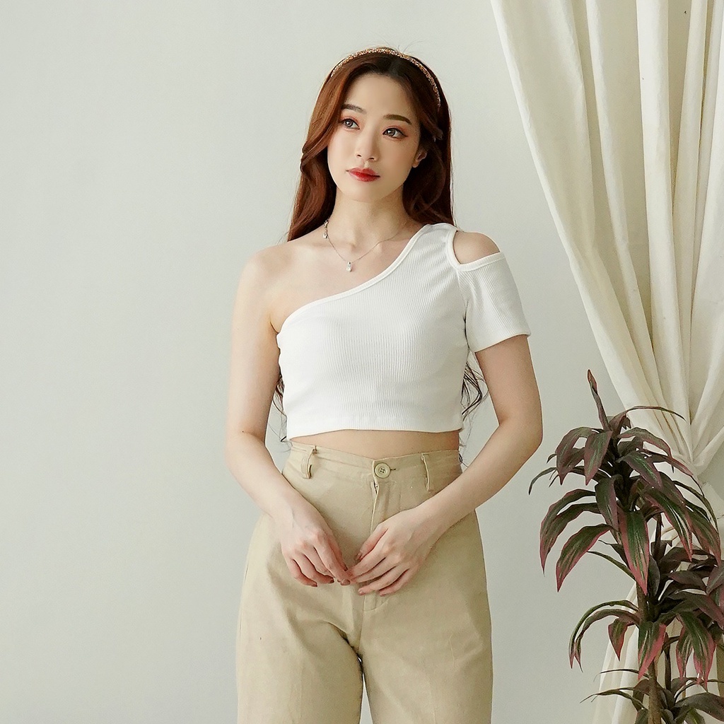 Korean Croptop Knit One Shoulder Wanita Crop Tank Top Rajut 157