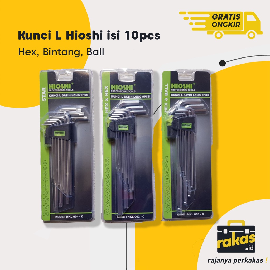 Kunci L Hex / Bintang / Ball Hioshi isi 9pcs Berkualitas