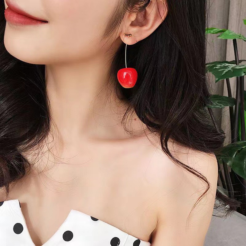 Anting Tusuk Gantung Panjang Desain Buah Ceri Merah Gaya Korea / Simple / Unik Untuk Wanita