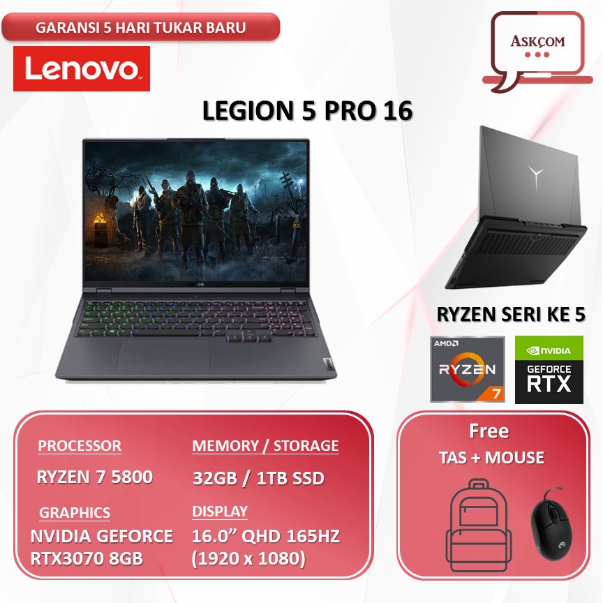 Laptop Lenovo Legion 5 PRO 16 Ryzen 7 5800H 32GB 1TBssd RTX3070 8GB 16.0&quot;QHD IPS 165Hz W11