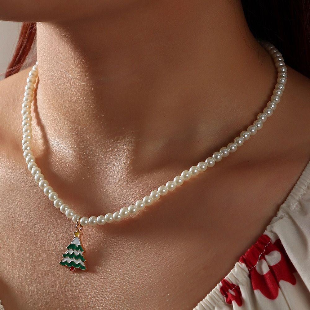 Mxbeauty Kalung Natal Hadiah Fashion Mutiara Imitasi Manis Pohon Natal Christmas Masa Kini Bell Alloy Wanita Perhiasan Aksesoris