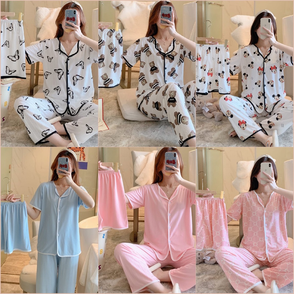 【 Bra Mall 】BM-346 Piyama 3in1 Dewasa Baju Tidur Set Model Kancing Depan Impor Dapat Baju Celana Panjang dan Celana Pendek