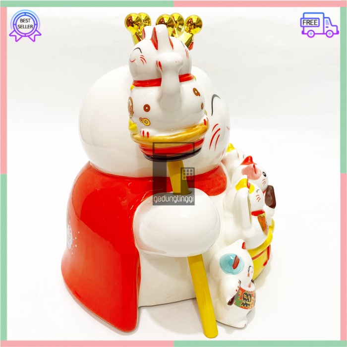 Pajangan Patung Hiasan Boneka Dekorasi Kucing Bawa Panggil Rejeki Rezeki Hoki Maneki Neko Maneko Neki ManekiNeko Lucky Cat Keberuntungan Baterai Batrai Batre Listrik Tangan Goyang Gerak Meja Kasir Toko Resto Cafe Cina China Jepang Jumbo Besar XL Keramik