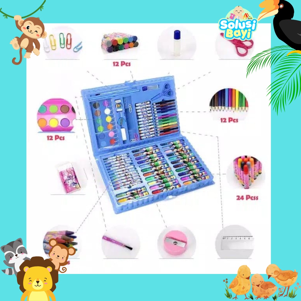

Crayon Set Koper isi 86 pcs Untuk Mewarnai / Kado Anak Lengkap-y Oil Pastel Crayon pena cat air 86 pensil Warna Set Alat Mewarnai