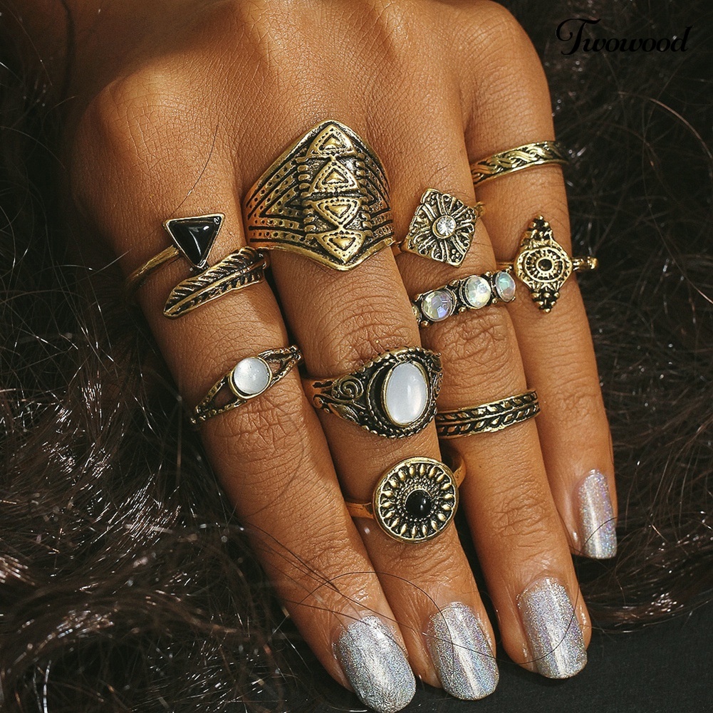 Twowood 10Pcs / Set Cincin Buku Jari Aneka Bentuk Gaya Boho Retro Untuk Wanita