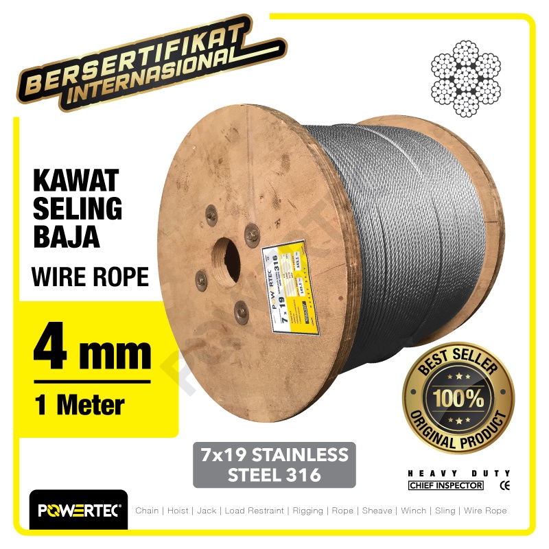 POWERTEC Wire Rope / Kawat Seling Baja 7x19 SS 316 4mm   - 1 Meter