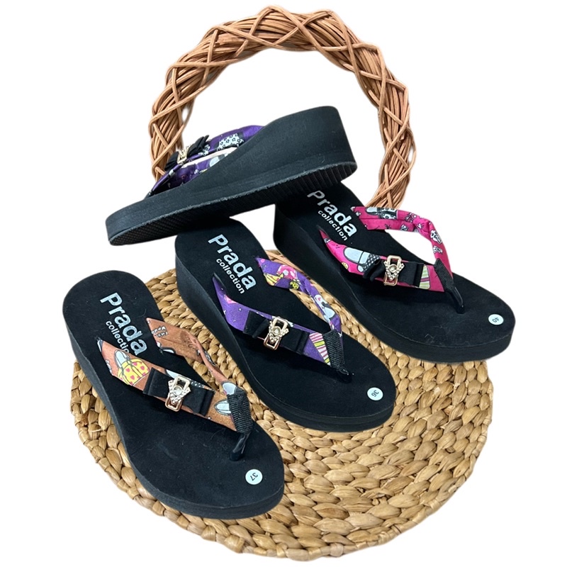 Sandal wedges spon tinggi jepit pita motif / sandal spon tinggi wanita