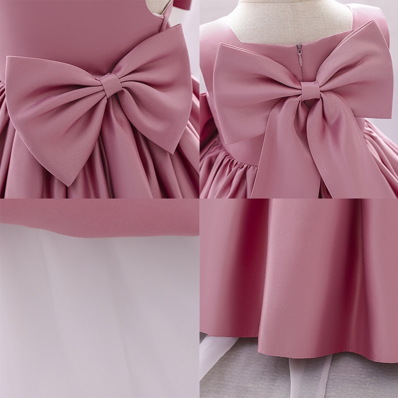 Anak -anak Musim Panas Formal Dua Gaun Pesta Busur Untuk Anak Perempuan Kostum Putri Solid Gaun Elegant