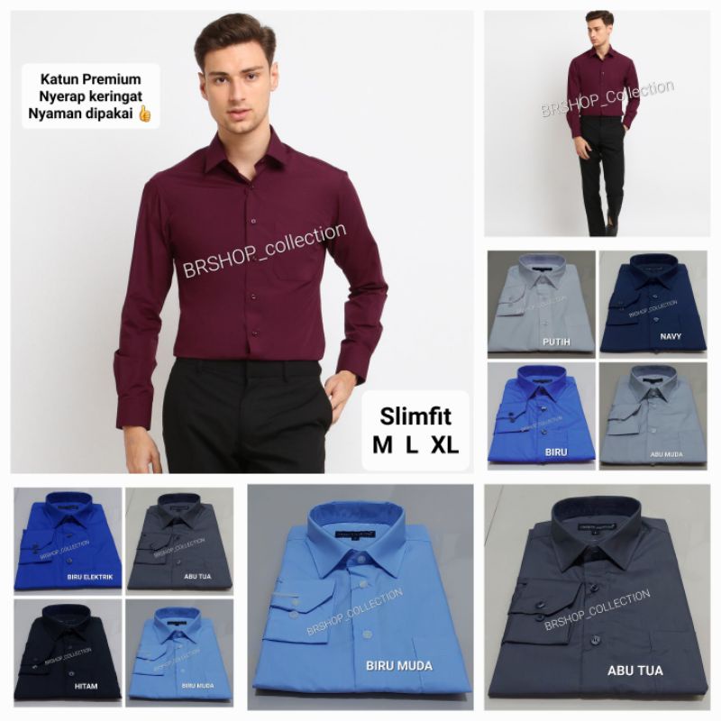 Kemeja Polos PREMIUM lengan panjang slimfit putih hitam navy abu2 abu maroon maron marun biru muda elektrik abu tua