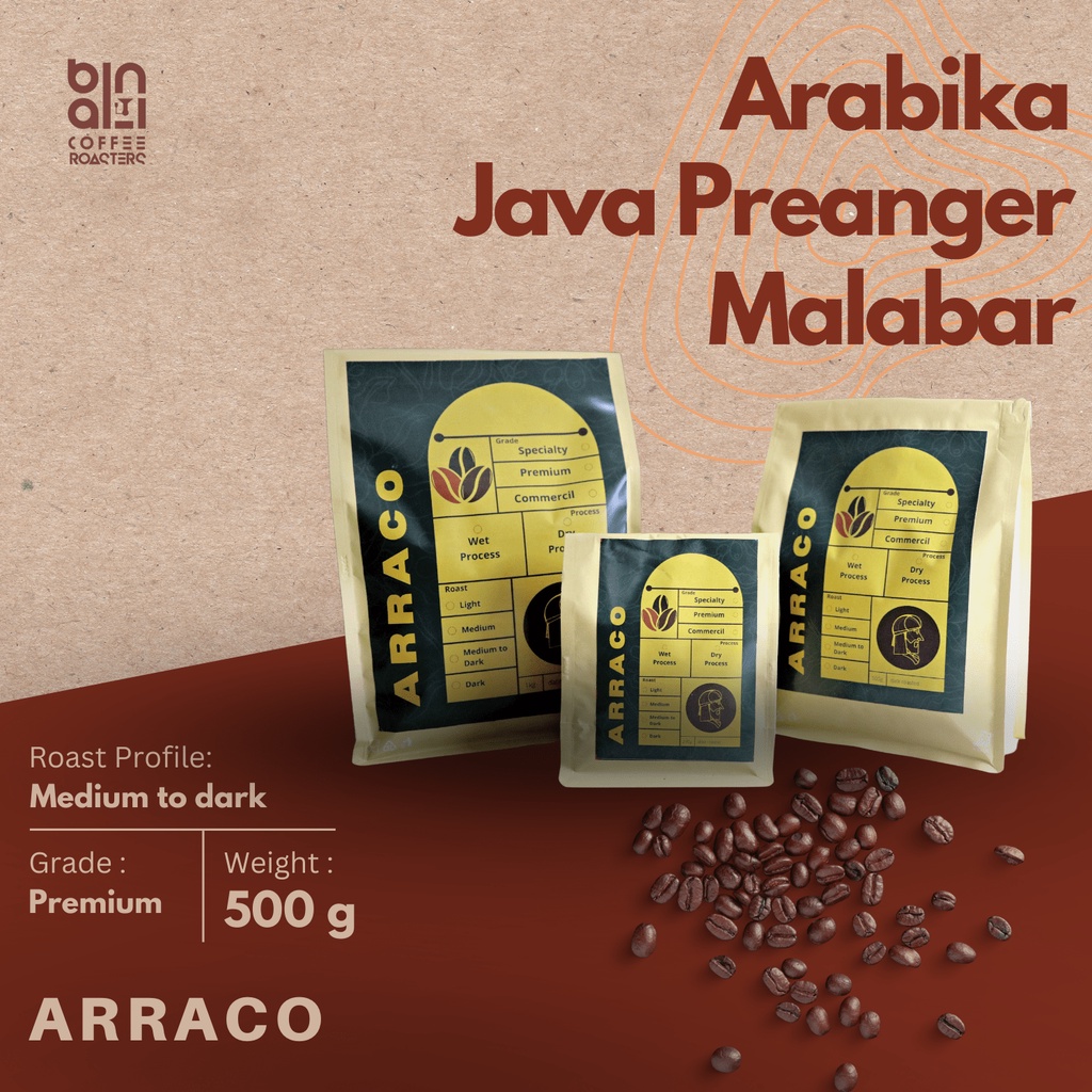 

ARRACO KOPI - Kopi Arabika Java Preanger Malabar 500 GR Biji / Bubuk | Full Washed - Medium to Dark Roasted