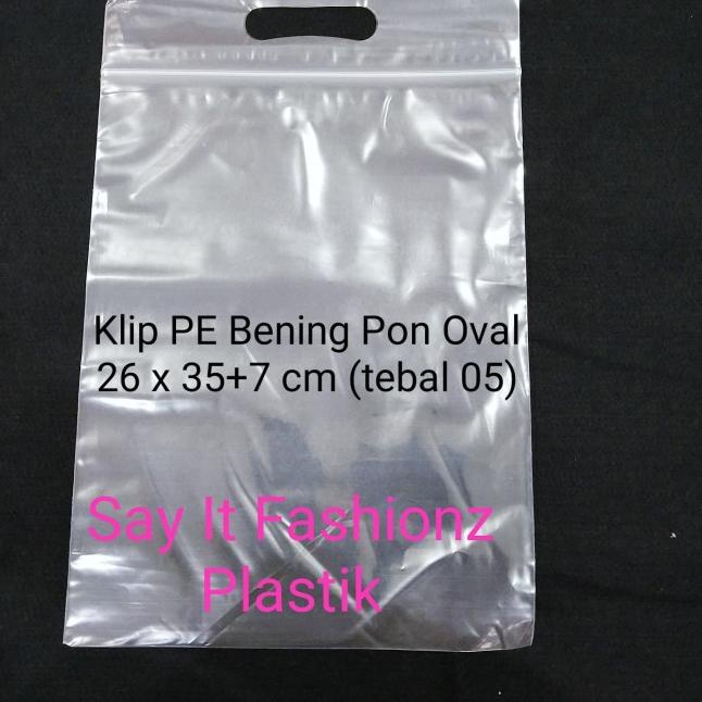 

Plastik Klip Pon Oval PE Bening 26x35+7cm tebal 05 (isi 100 lembar)