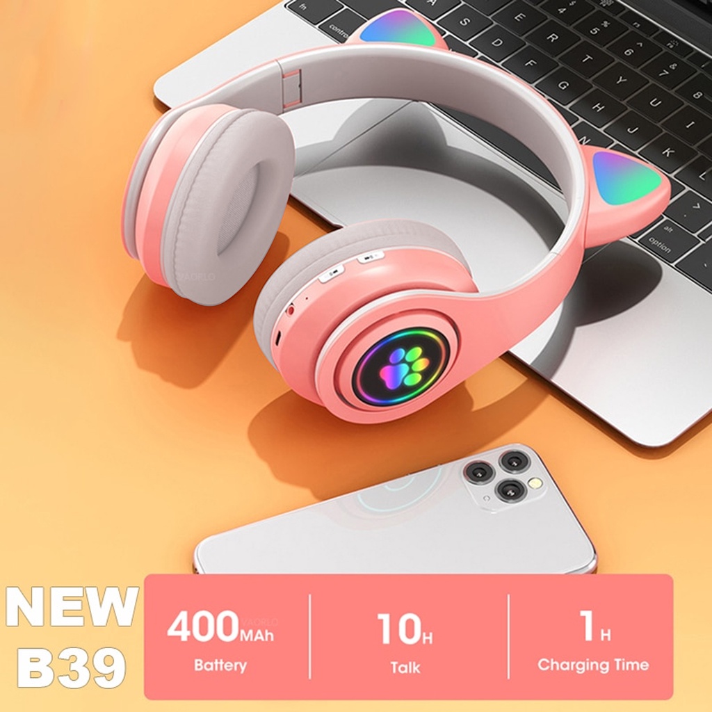 Headphone B39 STN28 JST Kucing Karakter LED Color Headset Gaming Bluetooth Wireless Game Headset Cat Ear LED Bando anak