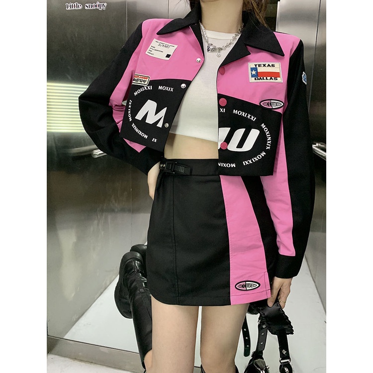 Suhao American Spice Girls Musim Gugur Jas Bisbol Seragam Sepeda Motor Angin Jaket Pendek Wanita + Setengah Tubuh Paket Hip Rok Pendek rok Dua Potong Set