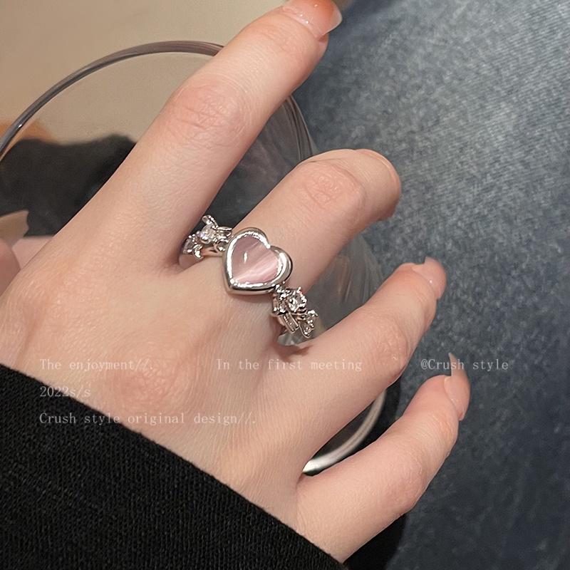 AY(CN) Cincin Silver Desain Hati Hias Kristal Moonstone Pink Untuk Wanita