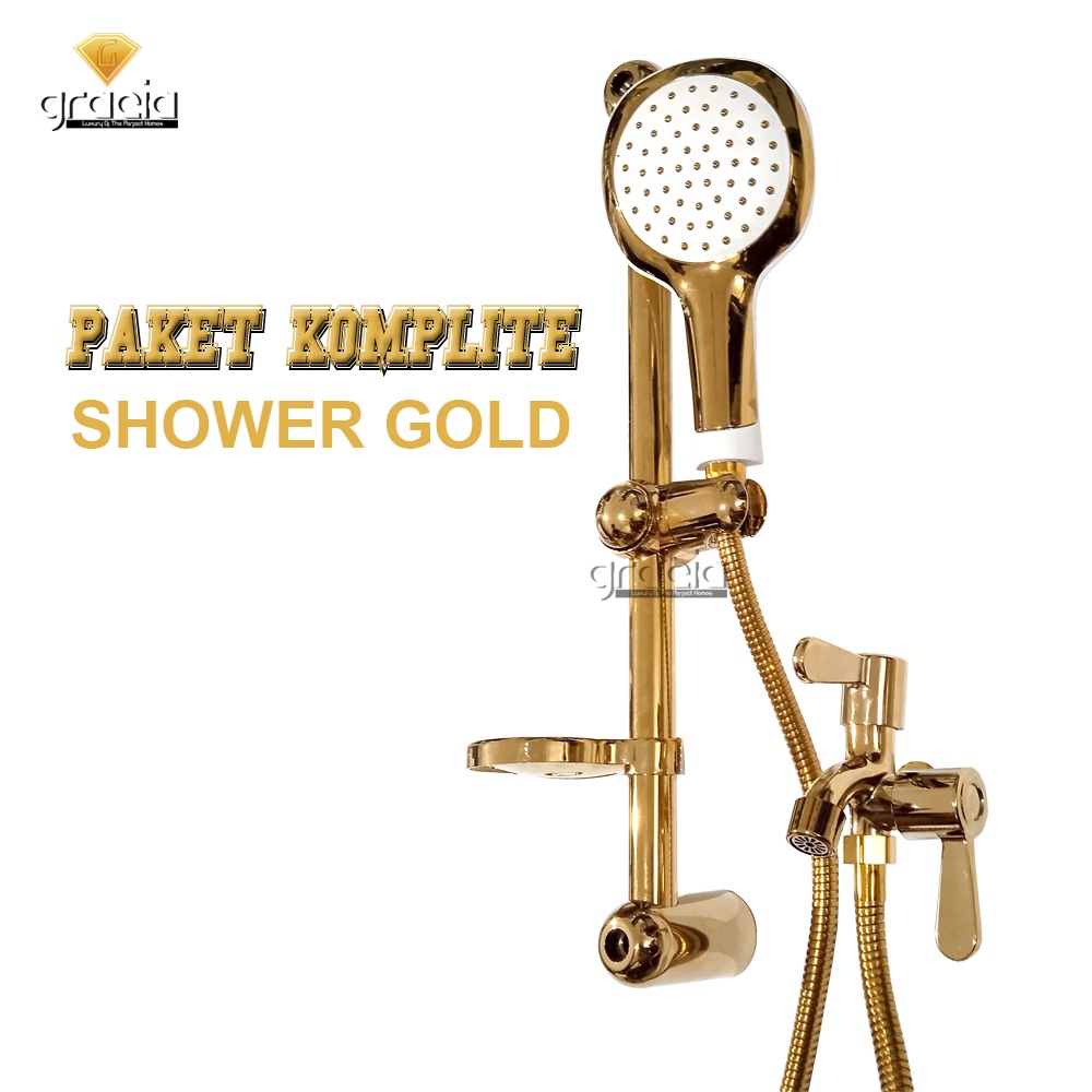 Paket shower tiang stainless Gold / Shower Besar 5inch Tekanan Air Kencang + kran cabang PROMO TERMURAH