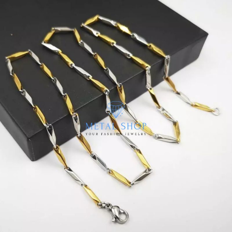 Kalung Titanium Pria Wanita Anti Karat Model Padi Variasi Gold dan Silver 50cm