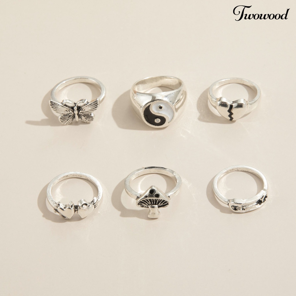 6pcs / Set Cincin Desain Kupu-Kupu Bahan Alloy Gaya Retro Stackable Untuk Aksesoris Perhiasan