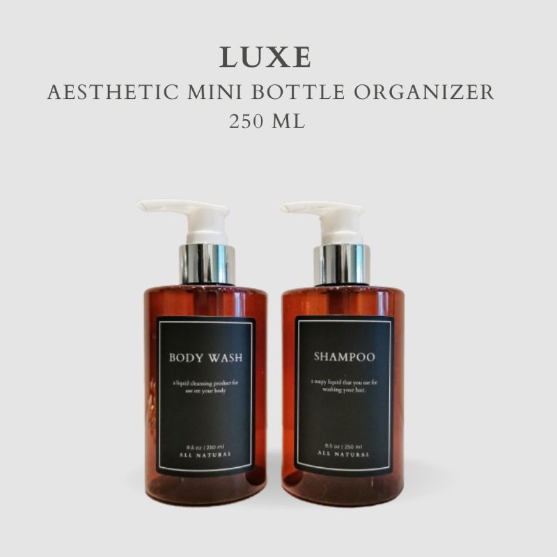 LUXE Botol MINI AMBER Label KOTAK HITAM 250 ml Aesthetic Bottle Refill | Botol refill sabun /botol refill sabun/ botol isi ulang/botol sabun refill/botol sabun/botol pump/botol anak/bathroom organizer/bathroom amenities