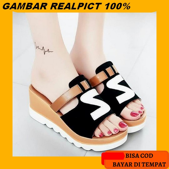 Sandal Wanita Sofia Wedges Kekinian 2022 - Sandal Cewek Slop Hak 5Cm Wedges Wanita Sepatu Wadges Tin