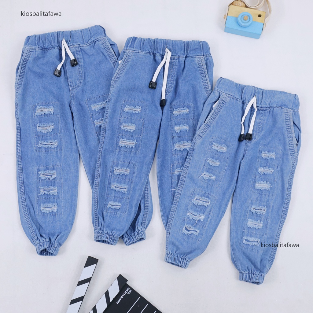 (1-5 Tahun) Ripped Jogger Jeans / Universal Anak Laki Perempuan Bahan Levis Denim Celana Panjang Denim Pants Sobek Jins Gaya Elegant Korea kualitas Import Lepis Babycinnamon