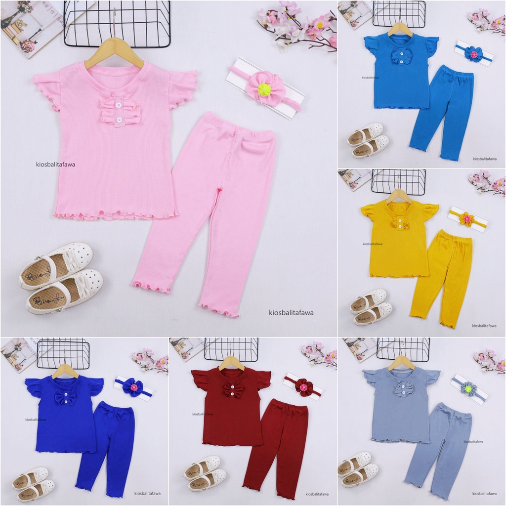 (KNIT) Setelan Cotton Rib uk 3-18 Bulan / GRATIS BANDANA Set Legging Perempuan Baju Anak Cewek Celana Panjang Polos Katun Rib Import Babycinnamon