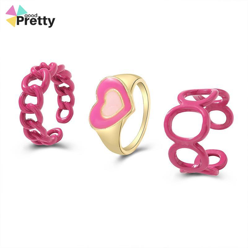 3PCS Heart Geometry Rings Cincin Geometri Jantung Cincin Mode Menetes Minyak yang Dapat Disesuaikan untuk Aksesoris Perhiasan Wanita - PD - PD