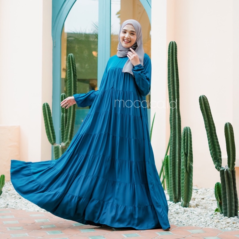 dress premium 7 susun biru birel cobalt bca non busui sleting belakang bisa untuk prewed pre wedding lengan wudhu friendly flare flowy adem super lebar