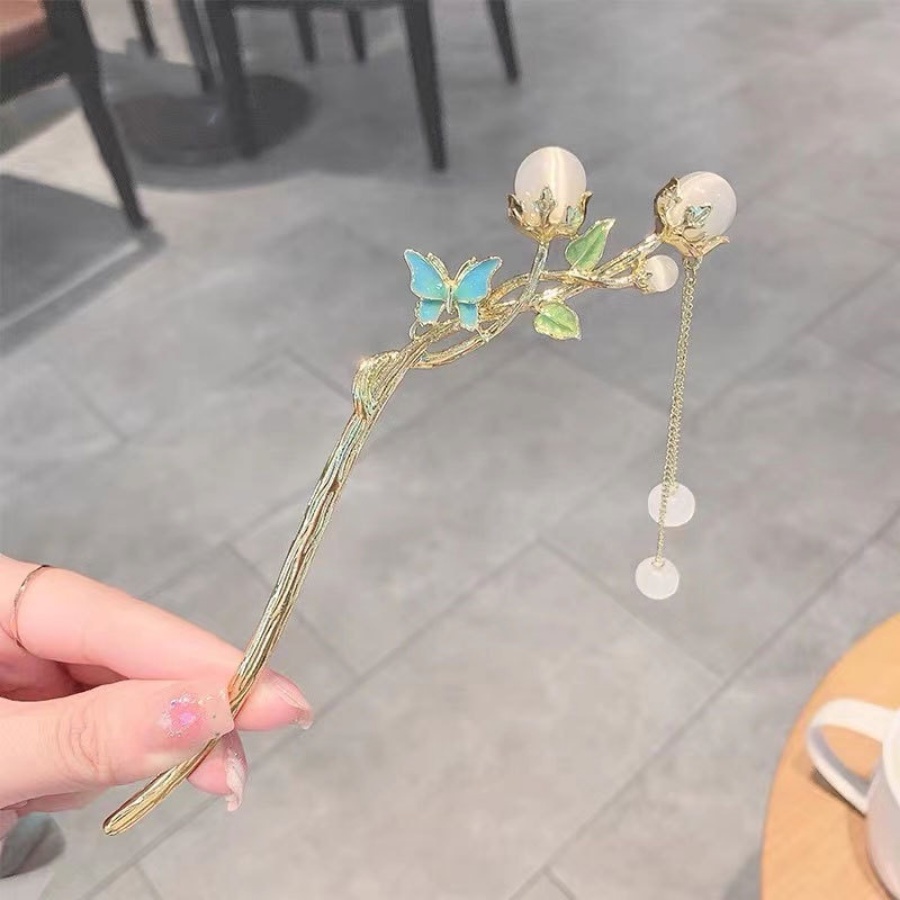 Tusuk Konde Bahan Metal Desain Bungarumbai Manikmanik Kristalmutiara Gaya Retro Untuk Wanita