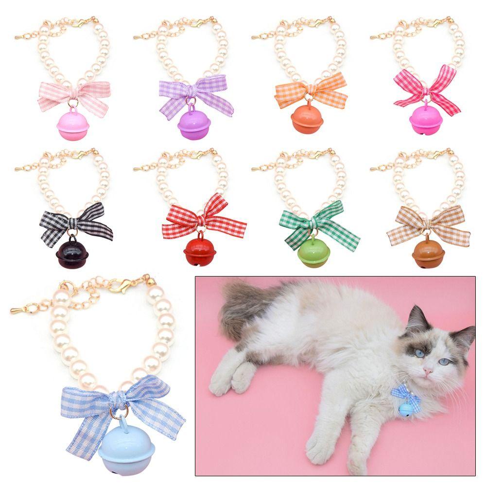 Solighter 2PCS Pet Mutiara Kerah Produk Hewan Peliharaan Lucu Adjustable Puppy Aksesoris Bow Dog Bell